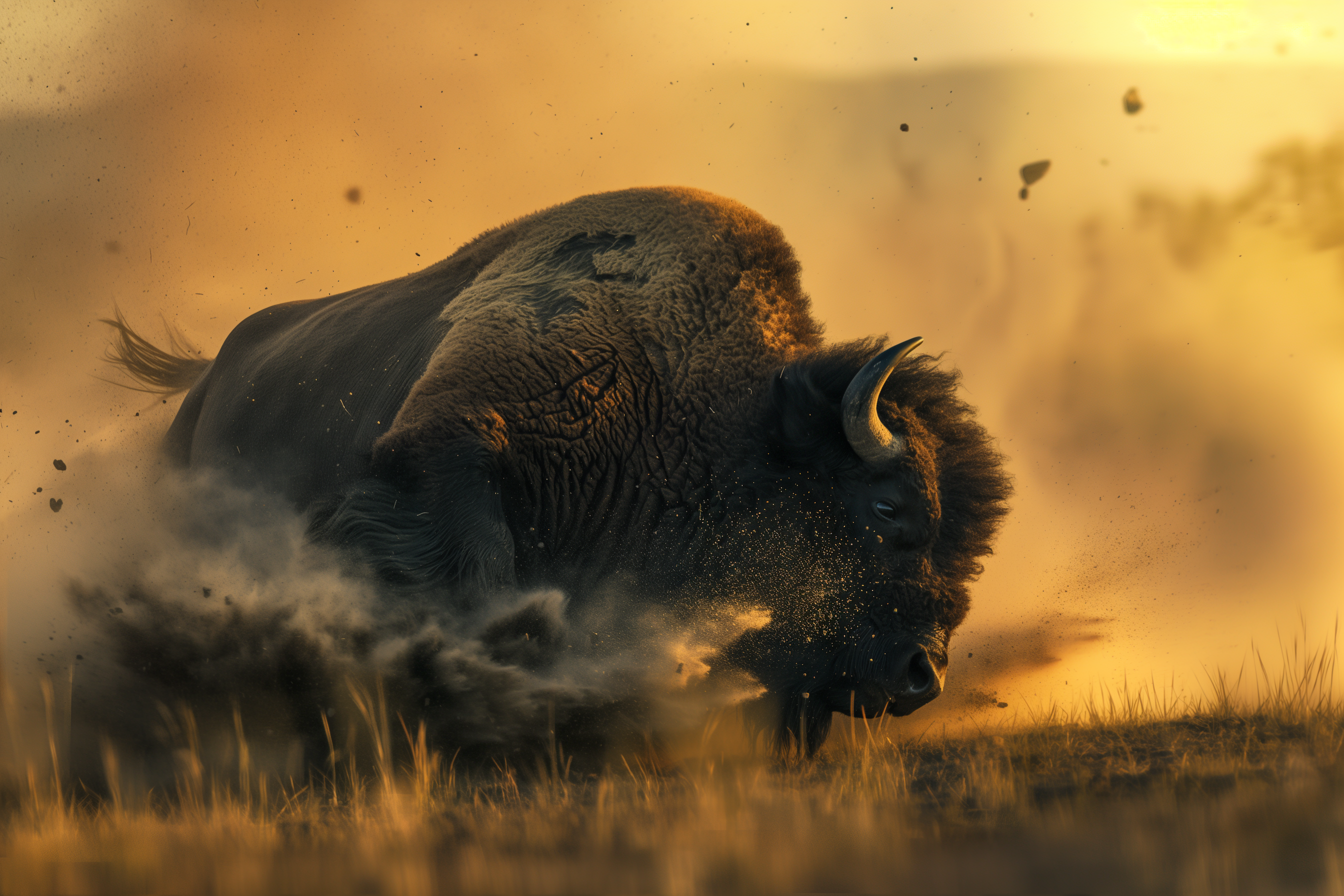 American bison bull pawing and kicking dust during rutting season on prairie grassland