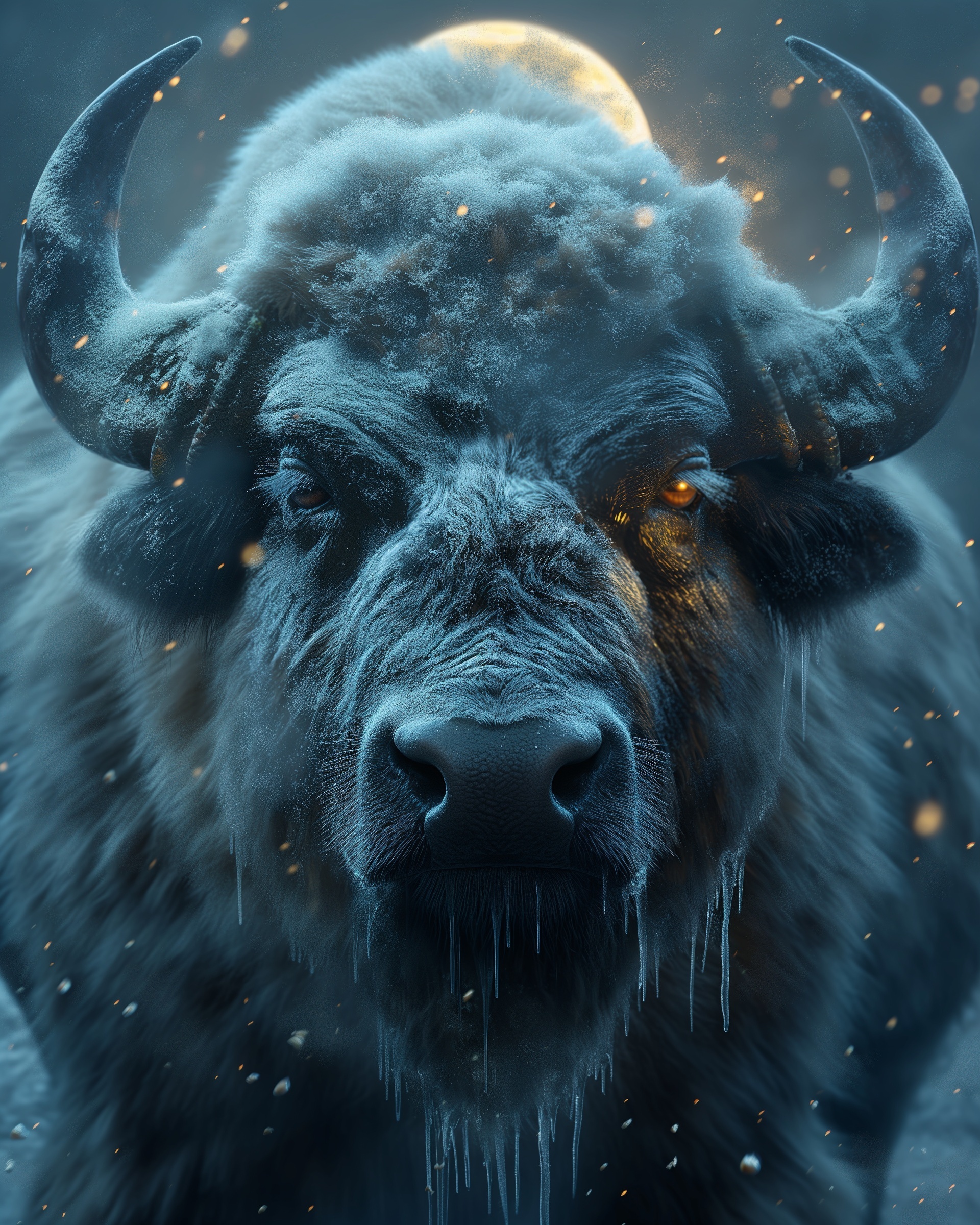 Buffalo in firelight