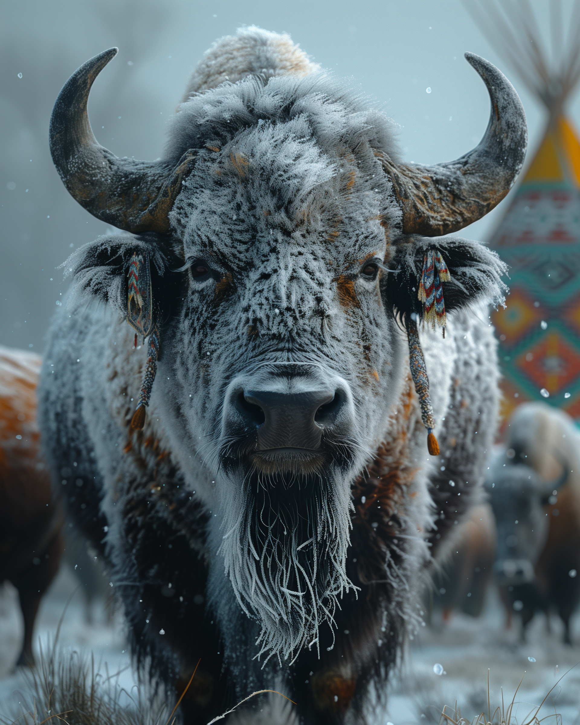 Buffalo near tipi encampment