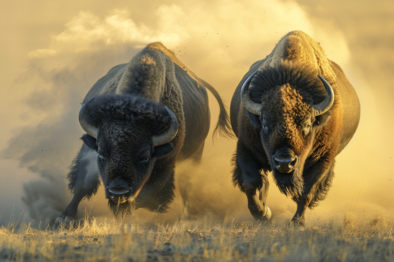 Two buffalo bulls charging