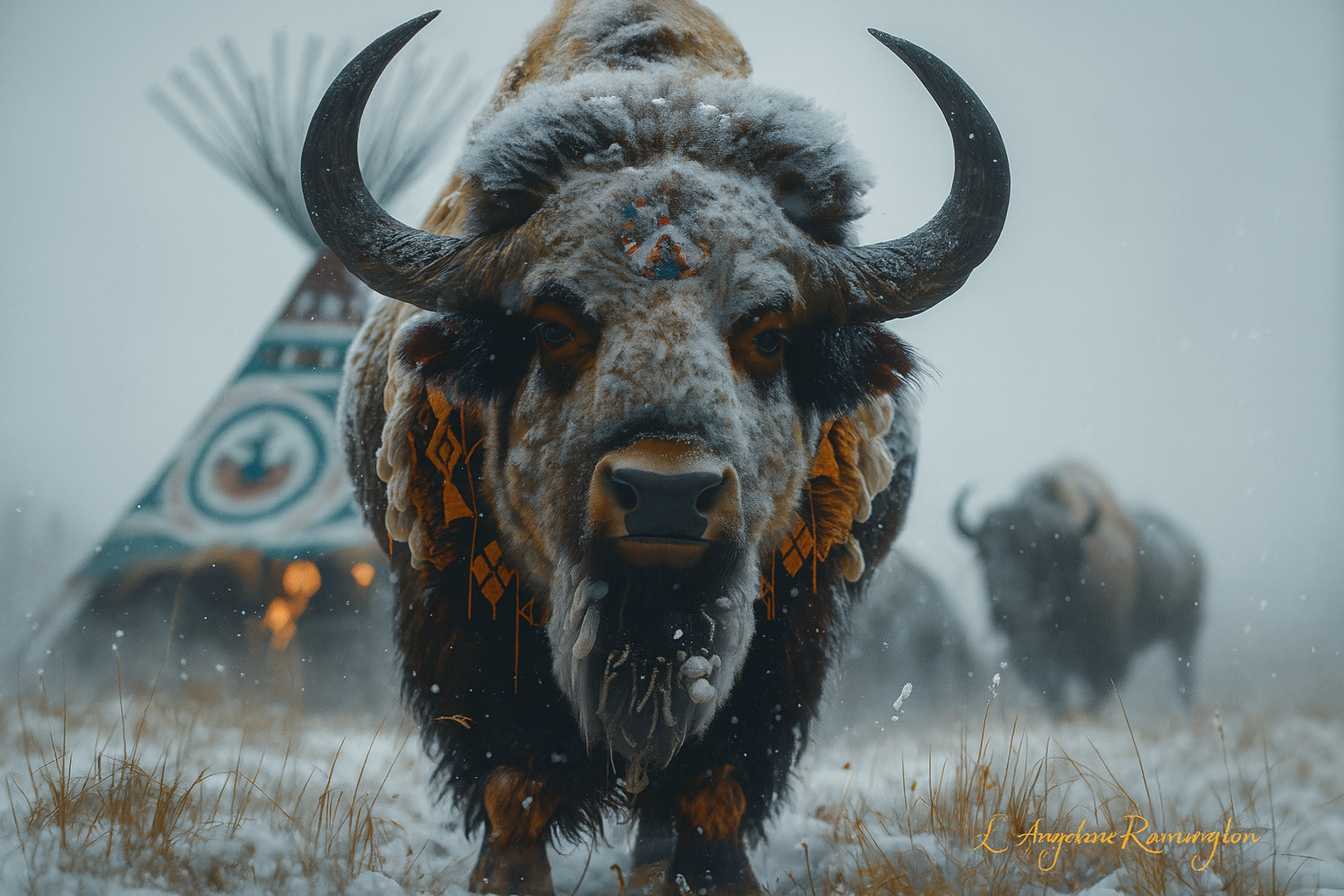 Bull buffalo with war headdress