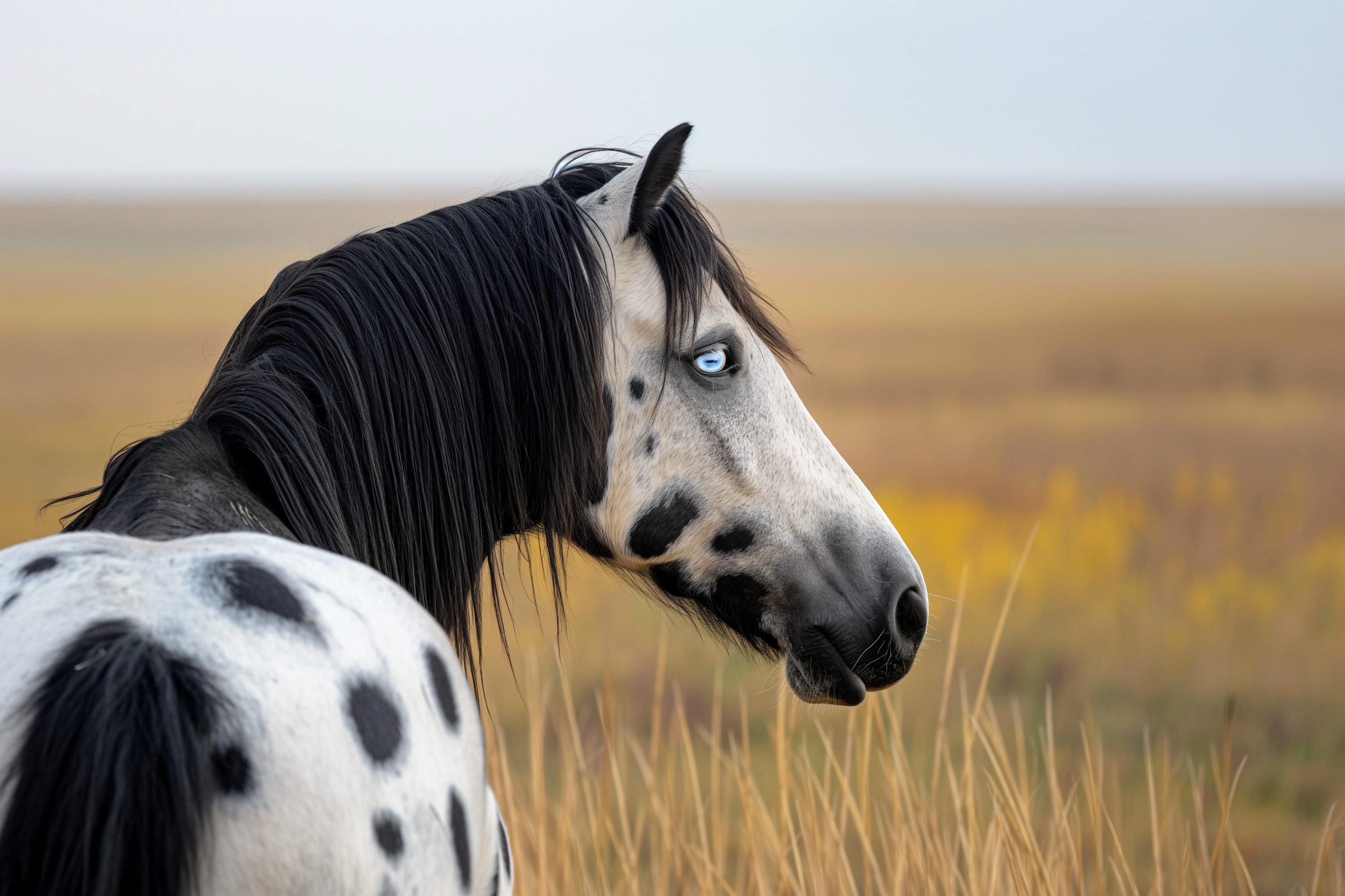 Appaloosa horse with pale blue eyes standing in prairie grass on the South Dakota plains