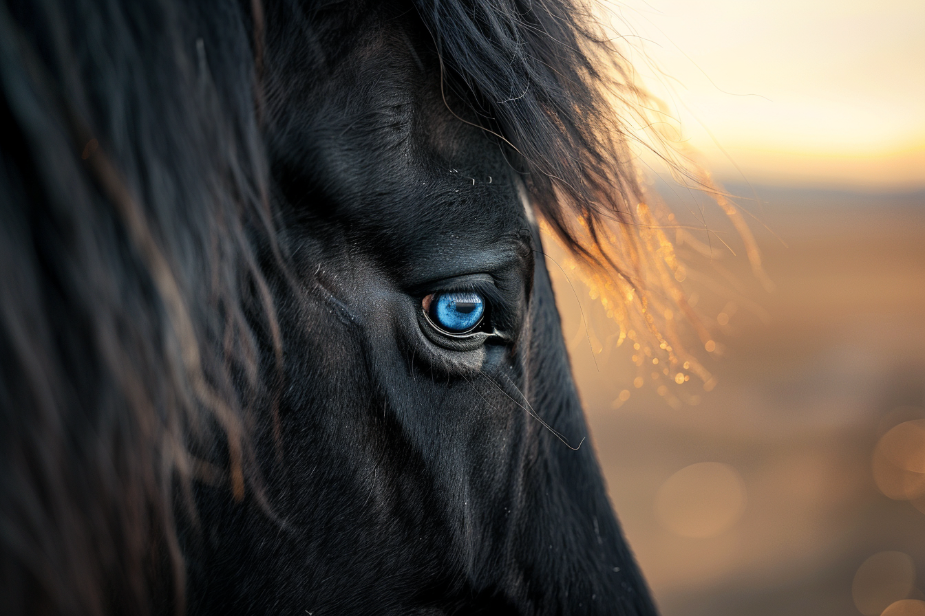 Black horse with blue eyes standing in prairie grassland
