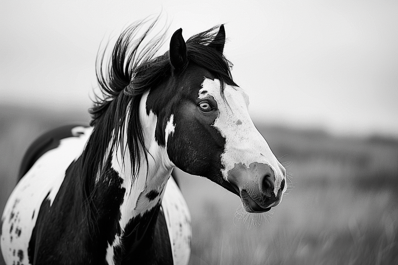 Black and white photograph of paint horse with bold markings in prairie wind