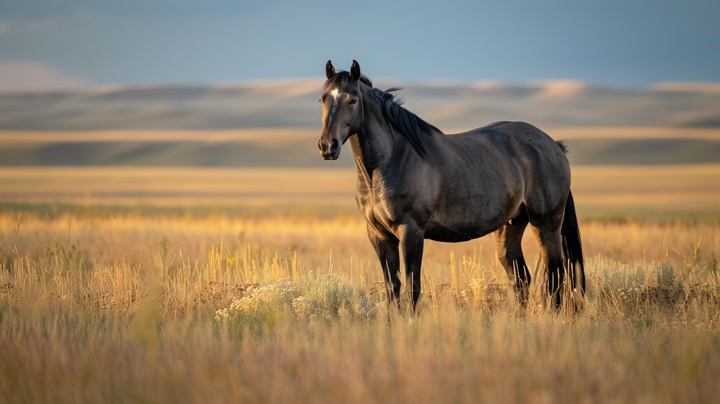 Blue roan horse standing in prairie grass under soft sunlight