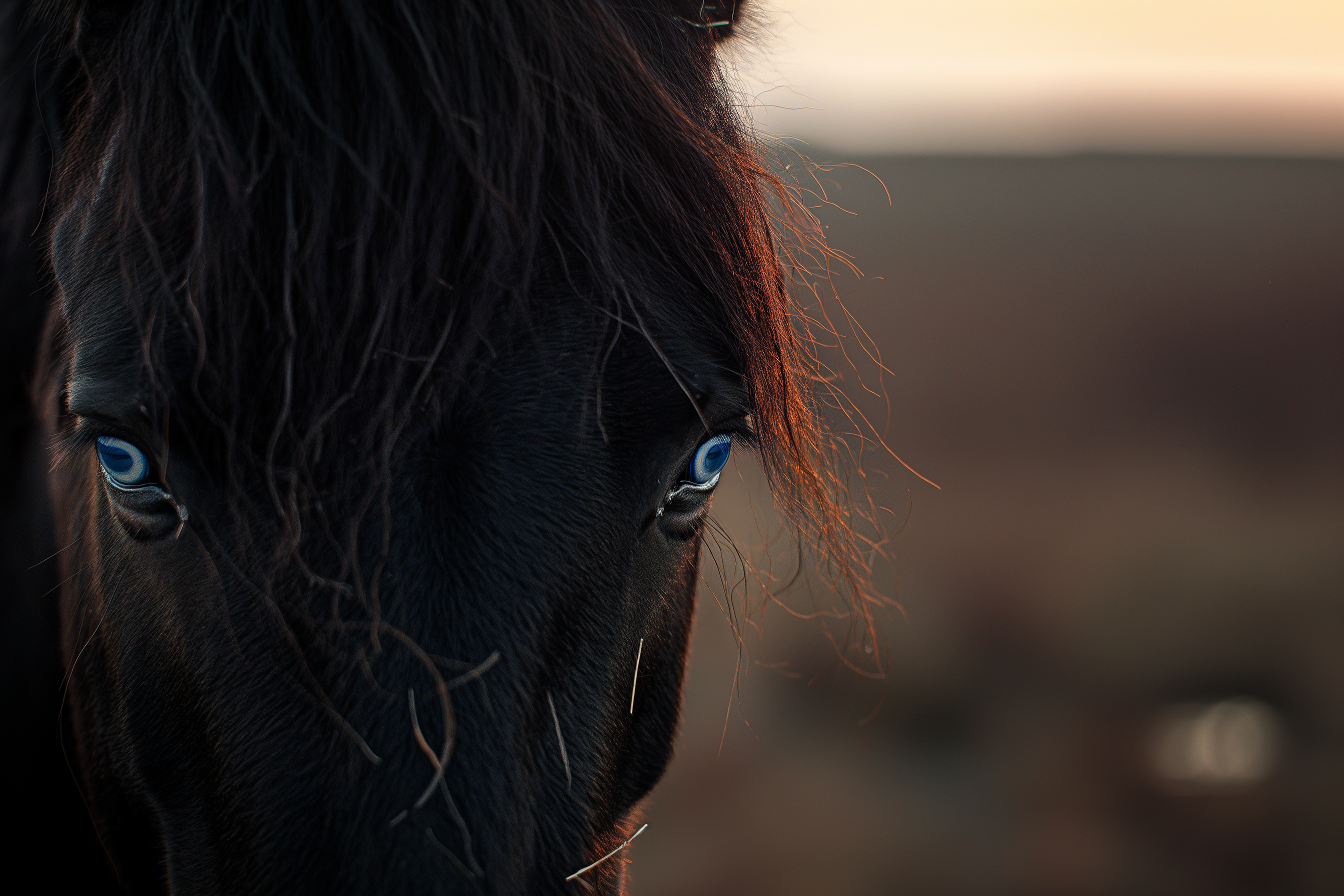 Extreme closeup of dark horse face showing both blue eyes at dusk