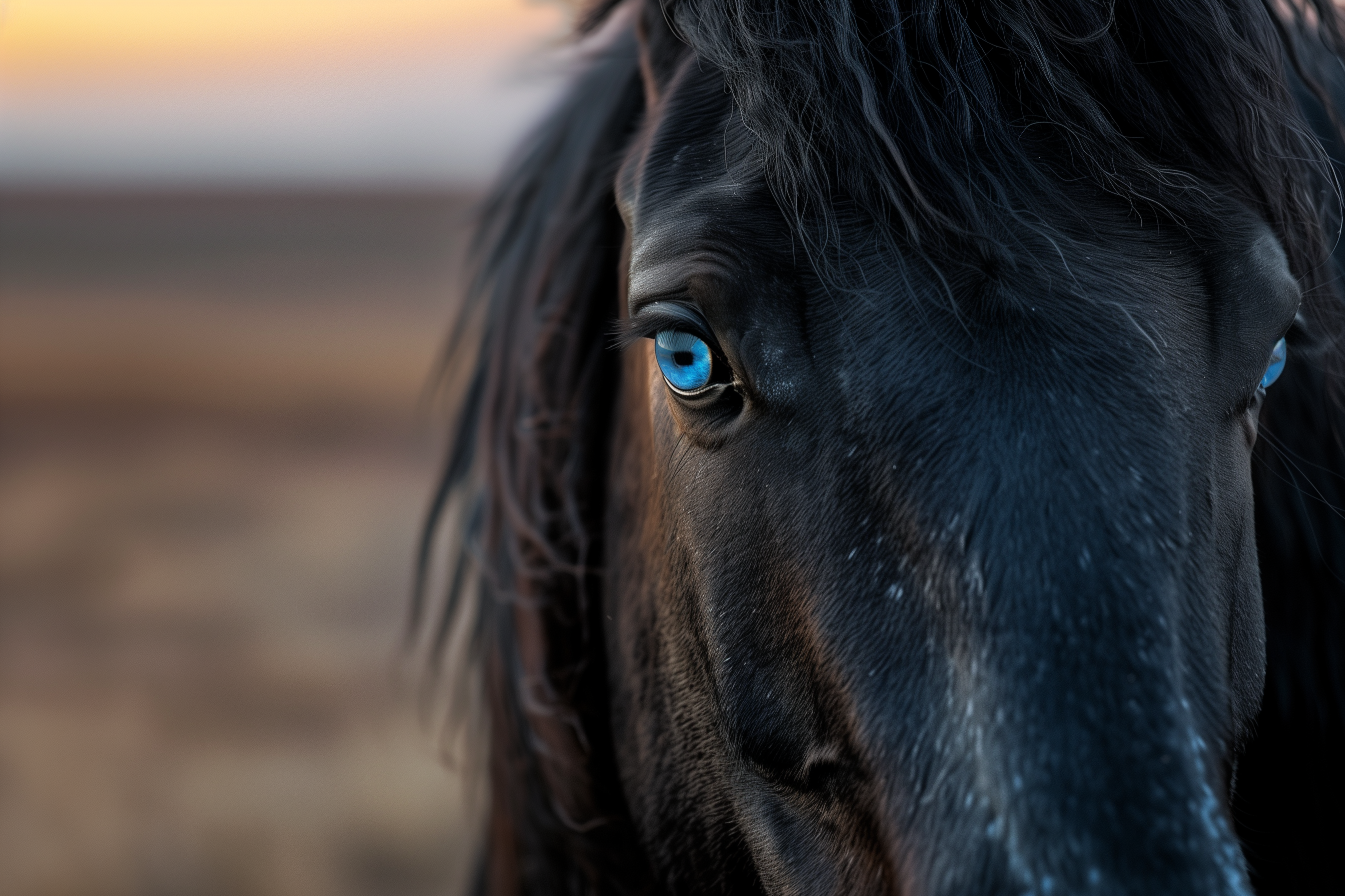 Close portrait of roan horse face with blue eye at golden hour sunset