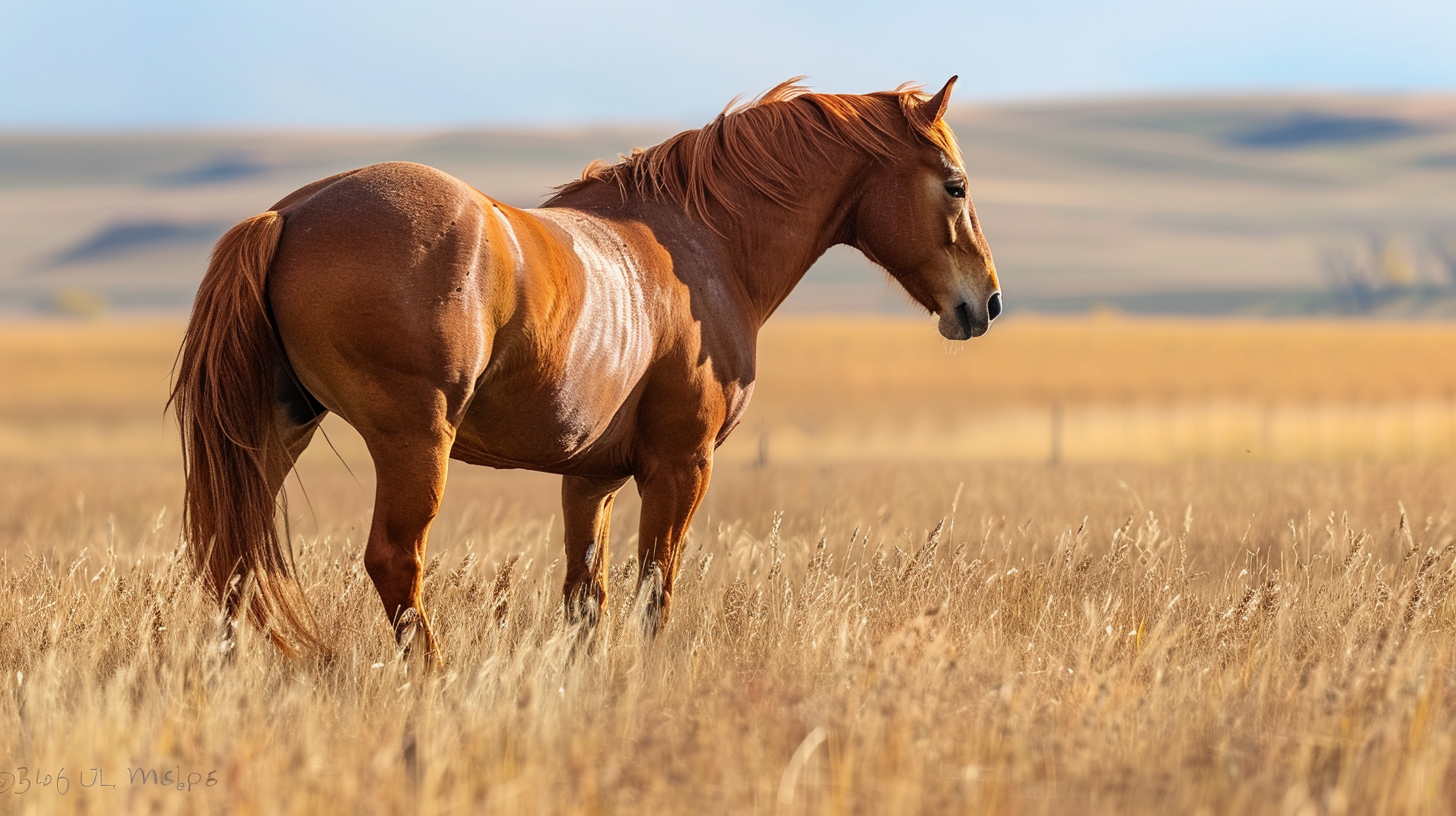 Copper colored quarter horse mare standing in prairie grass