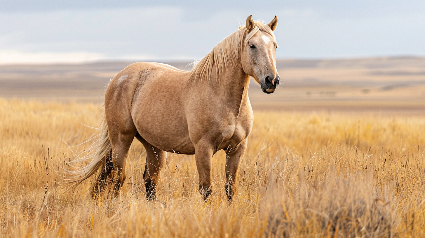 Cream colored horse standing in tall prairie grassland