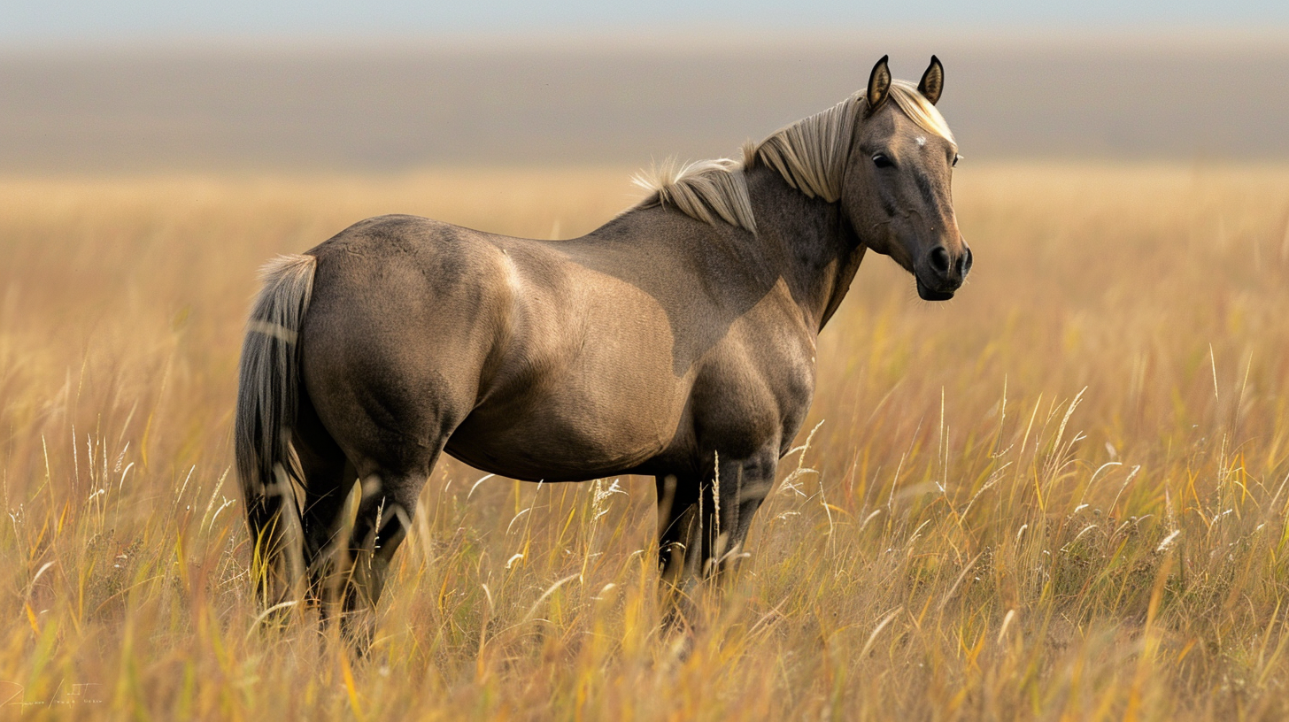 Champagne colored horse with light mane standing in prairie grassland