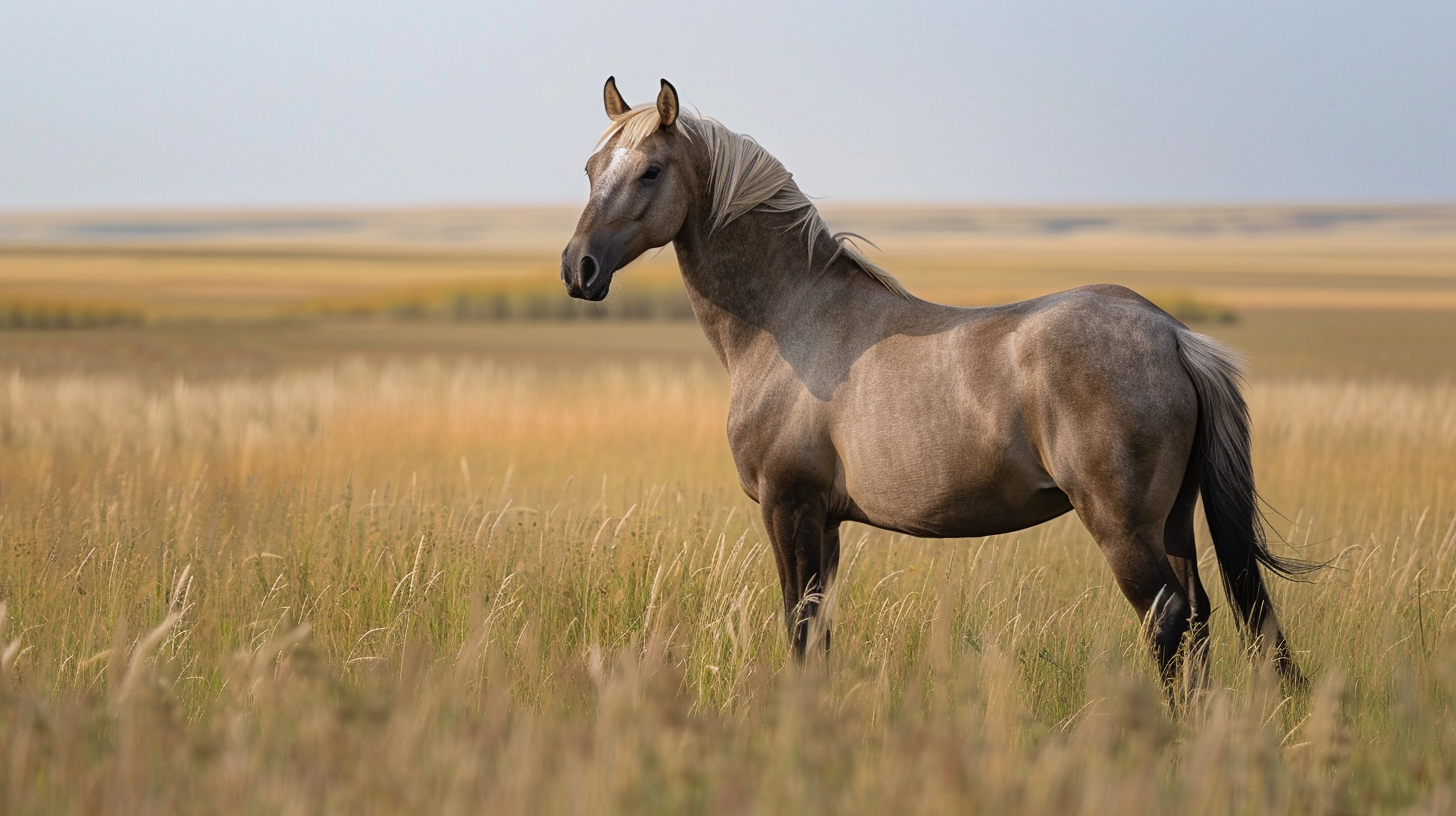 Prairie ranch mare standing in grassland landscape
