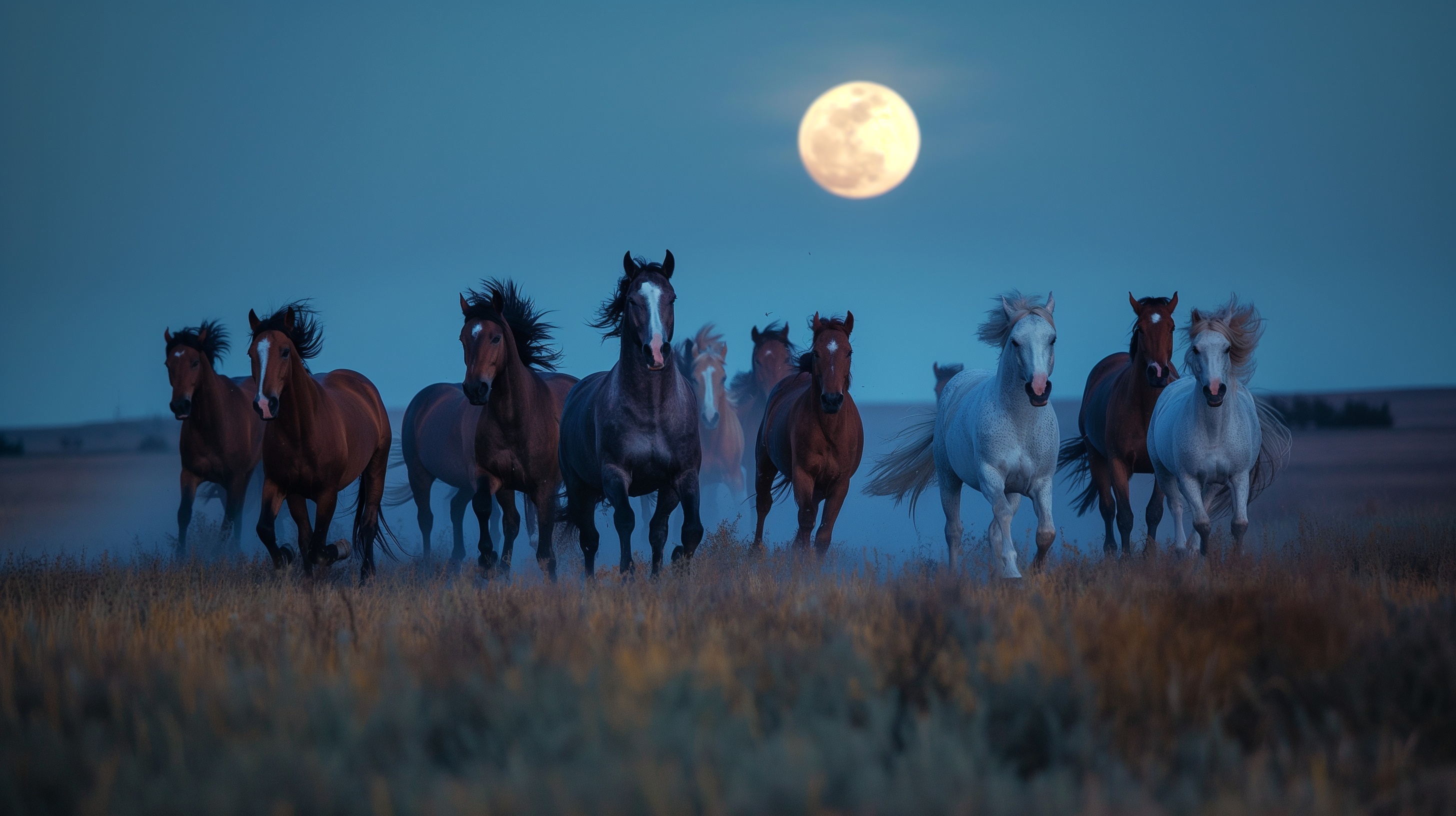 Herd of horses standing together on moonlit prairie landscape