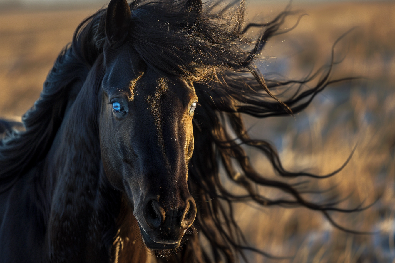 Black mare with blue eyes standing in prairie grass