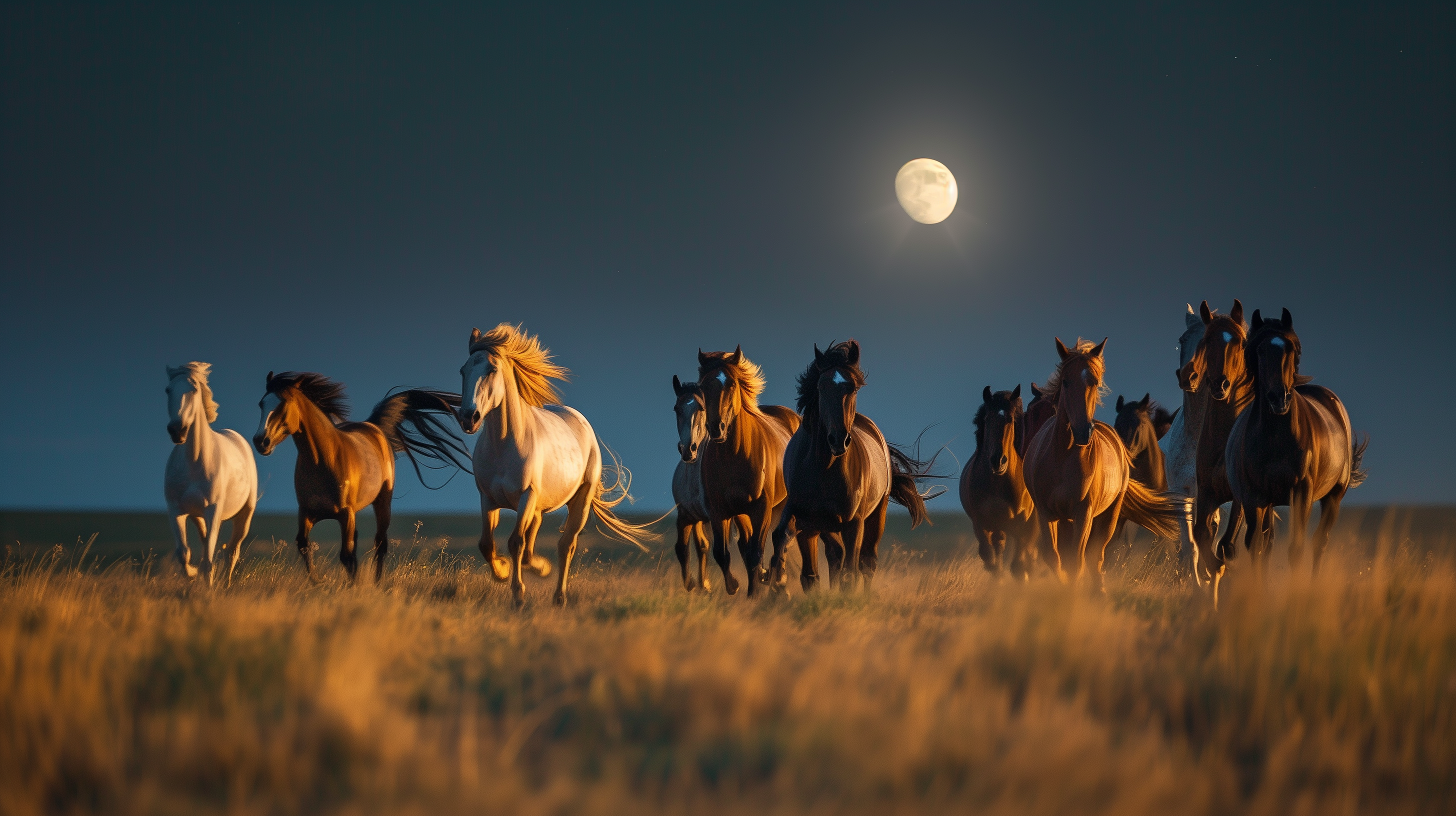Group of horses standing together on prairie landscape under moonlight