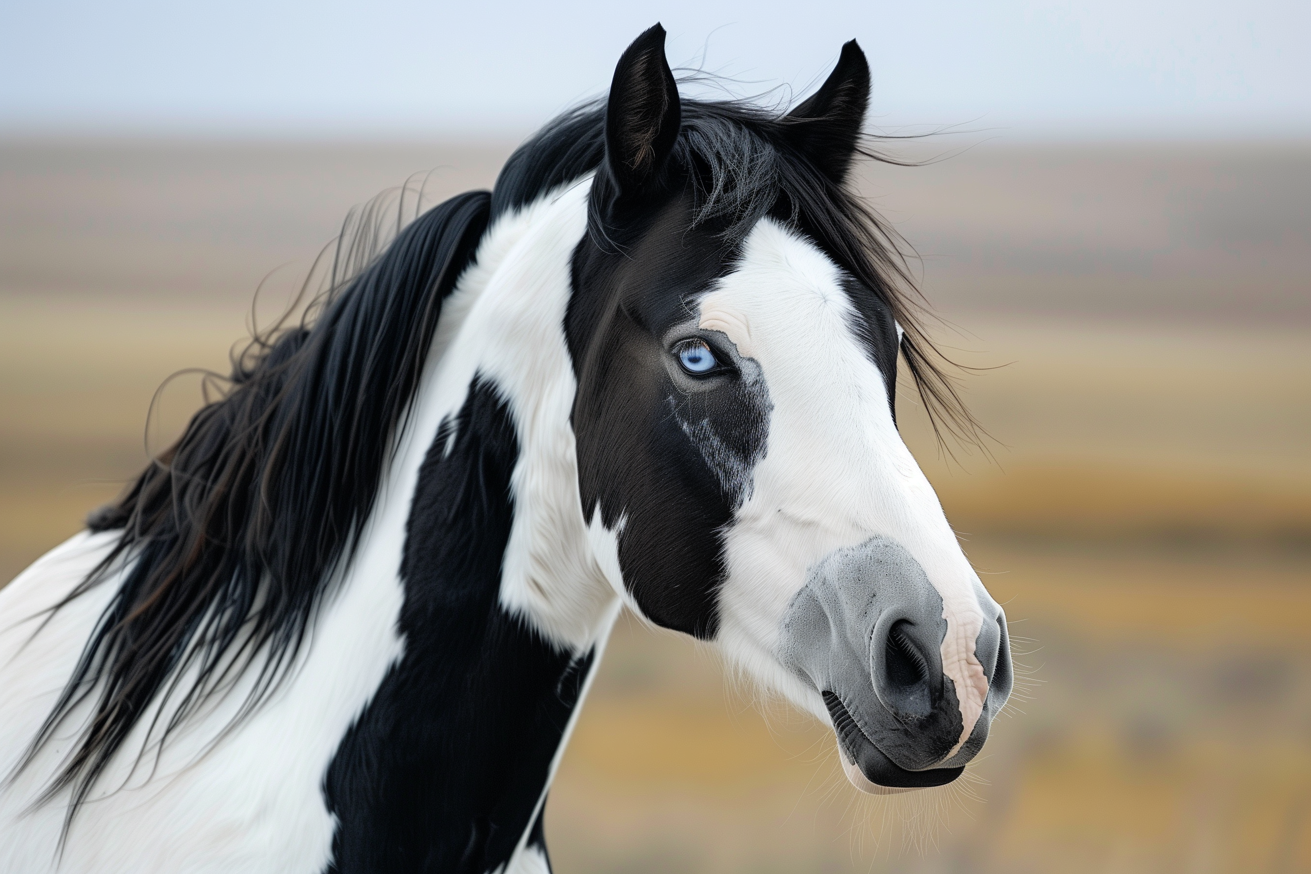 Black and white paint horse with blue eye standing in prairie landscape