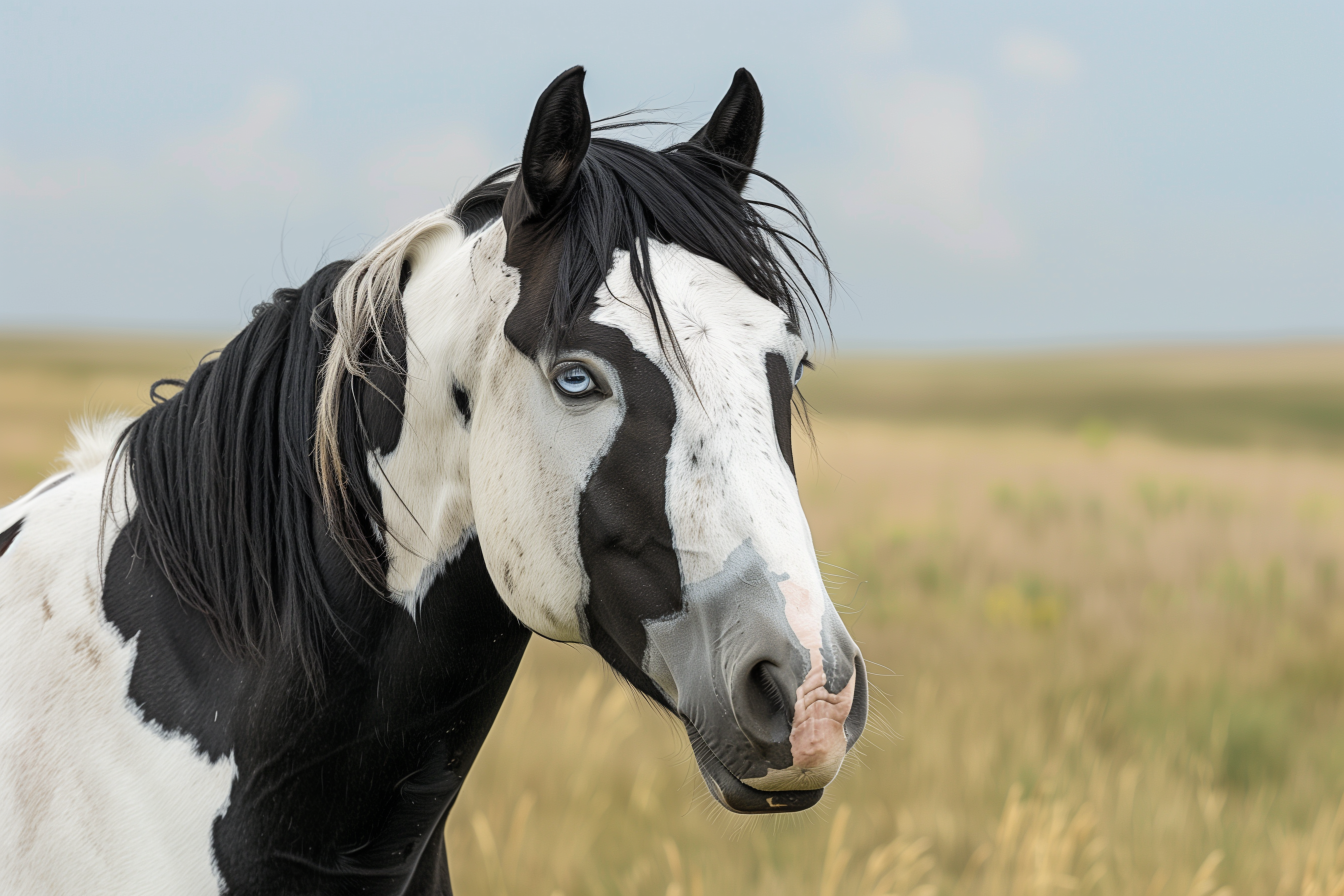 Close portrait of paint horse with blue eye and facial markings