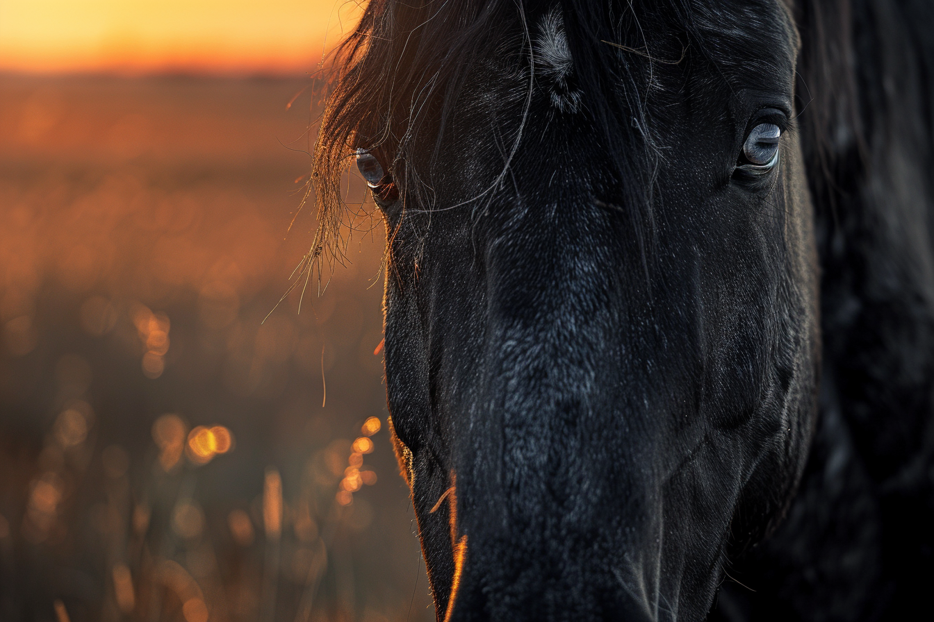Roan horse with blue eyes standing in prairie grass at sunset
