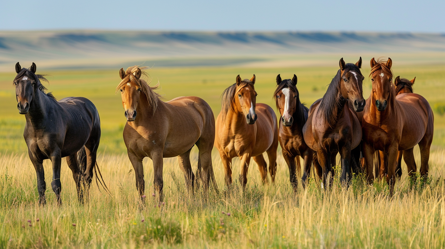 Herd of horses standing in spring prairie grassland