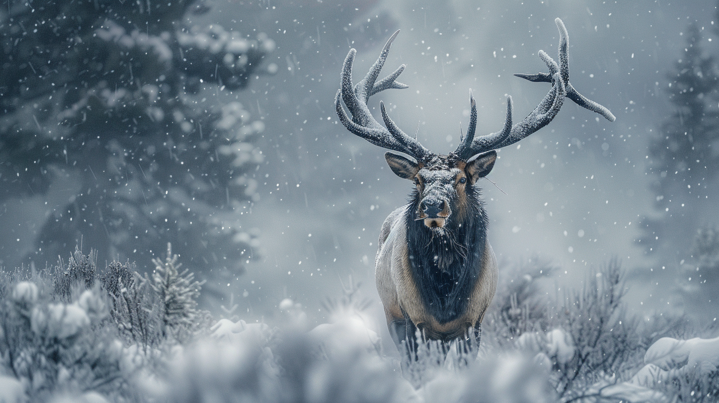 Bull elk in snowfall, frontal study